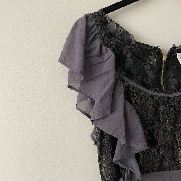 Free People Floral Lace Ruffles Accent Scoop Neck Casual Blouse Black Small - Picture 4 of 6